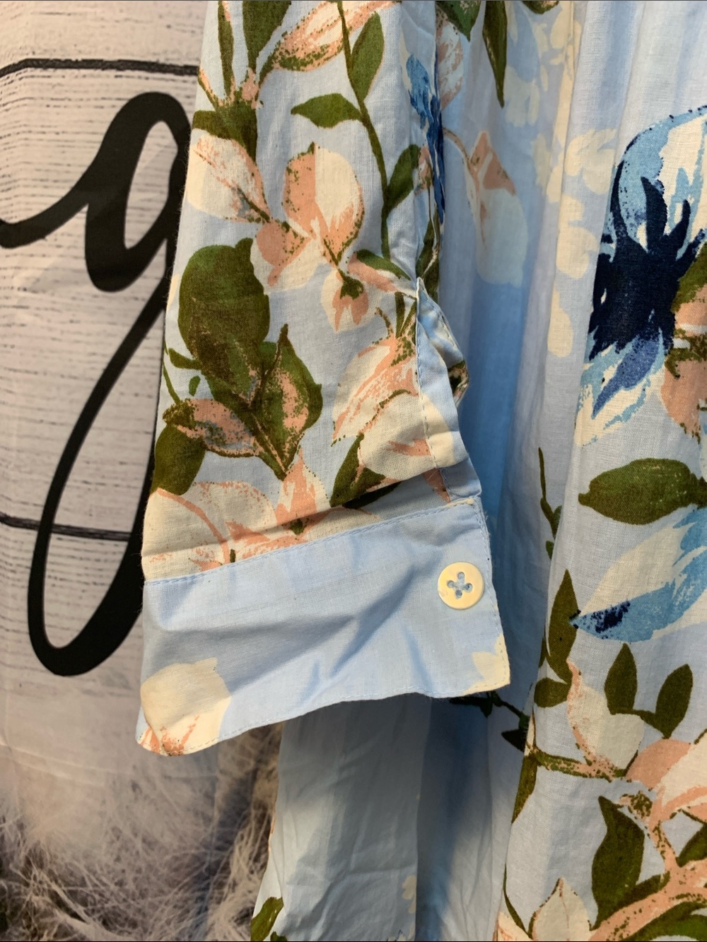 Roaman's Powder Blue Floral Pintuck Button-Up Blouse - Picture 3 of 5